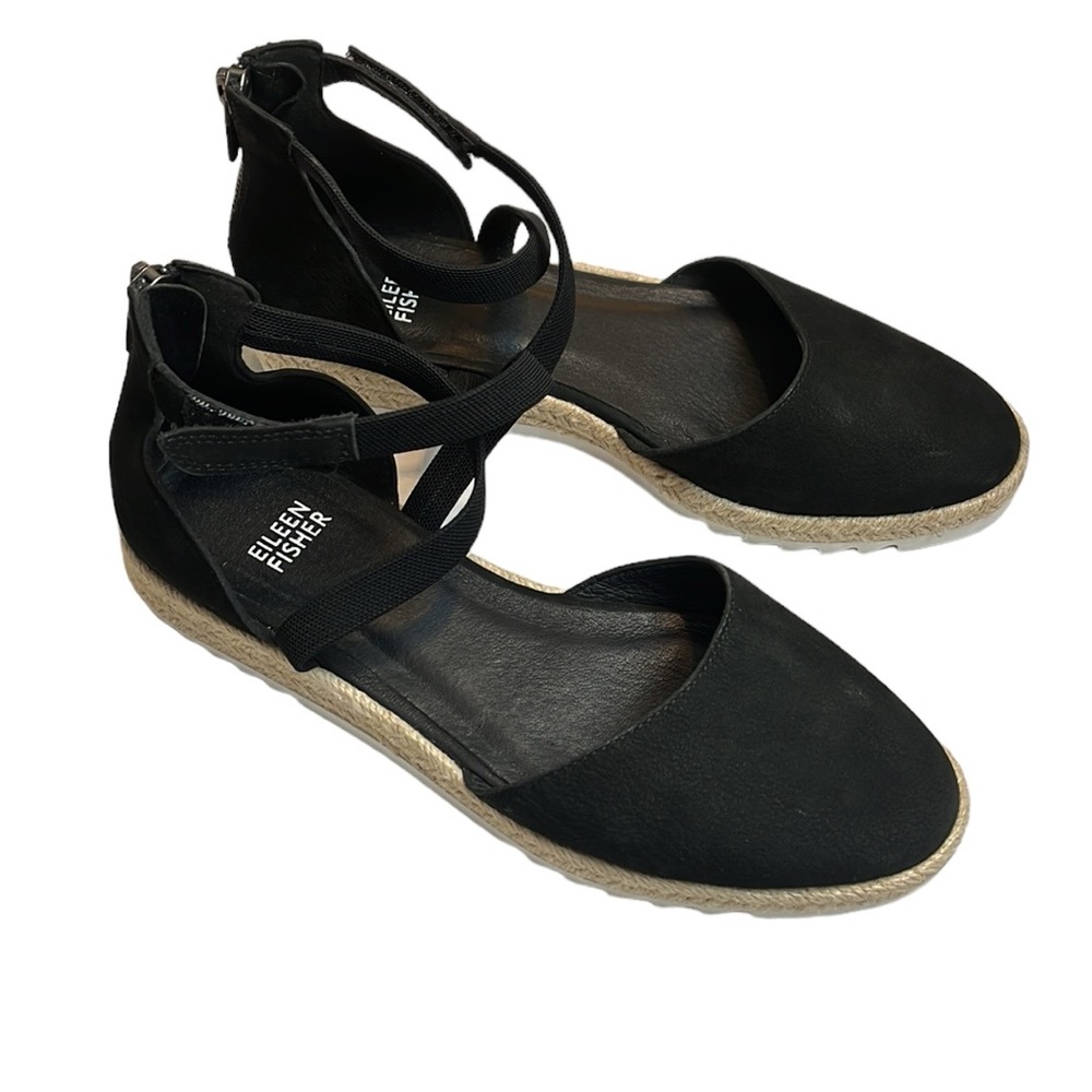Eileen Fisher Bisa Espadrille Flat Sandals Leather Shoes Size 7.5 Black